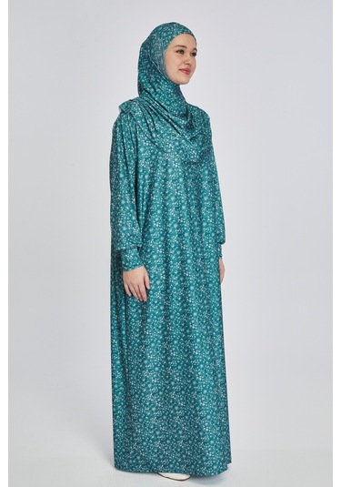 Pratik Tek Parça Çiçek Desenli Namaz Elbisesi Petrol Petrol Mavi