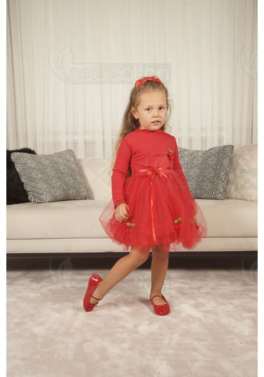 Tüllü Astarlı Esnek Kirazlı Elbise Uzun-kırmızı Kırmızı