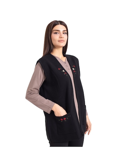 Kadın Orta Yaş ve Üzeri Triko Örgü Düğmesiz Kanaviçe Desen Nakışlı Anne Yelek 310-siyah - L Füme