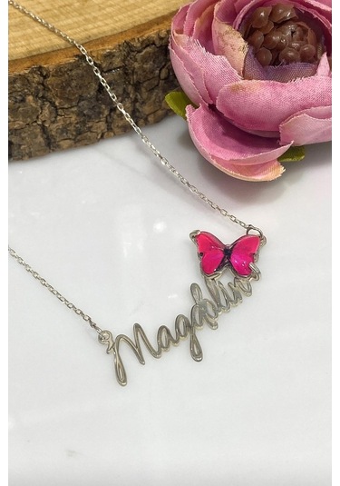 Üç Boyutlu Kırmızı Kelebek Özel Font Isim Yazılı 925 Gümüş Kolye