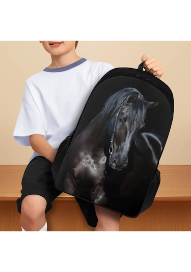 Okul Çantaları Çocuklar Kızlar Erkekler İçin Sırt Çantası 17 İnç Okul Sırt Çantası Günlük Günlük Seyahat Sırt Çantası Hayvan Siyah At