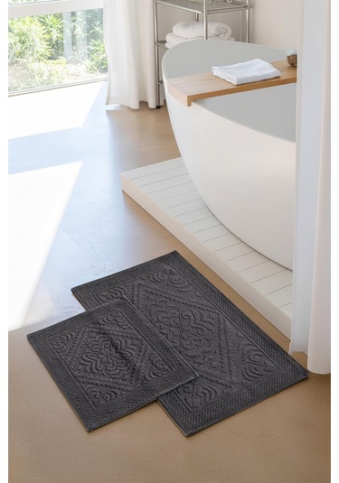Soley Violeta 2'li Banyo Paspas Seti Kaymaz Taban %100 Pamuk 60x100 - 50x60 Cm Antrasit