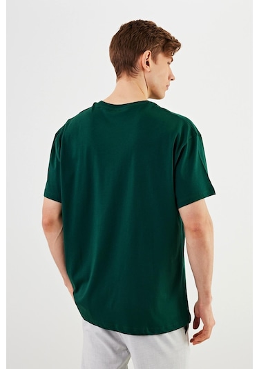 Leo Erkek Oversize Tshirt %100 Pamuk Bisiklet Yaka Baskı Detaylı Basic Tişört Mtlce77 Yeşil