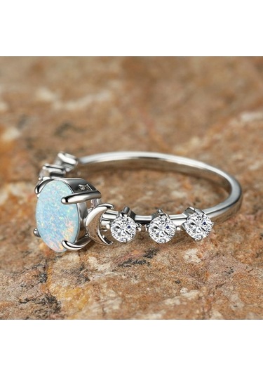 Dancemonkey Yüzük Retro Oval Opal Nişan Küçük Kadın Alyansı Beyaz&mavi Ay Desenli 6 Jg Şık Zarif Takı Modelleri Çok Renkli