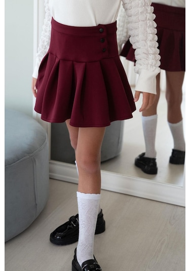 Breeze Kız Çocuk Mini Etek Pileli Çıtçıt Detaylı 7-12 Yaş, Bordo Bordo