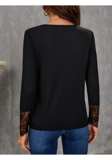 Tua Moda Kadın Uzun Kollu Bisiklet Yaka Dantel Detaylı Burgu Bluz Siyah