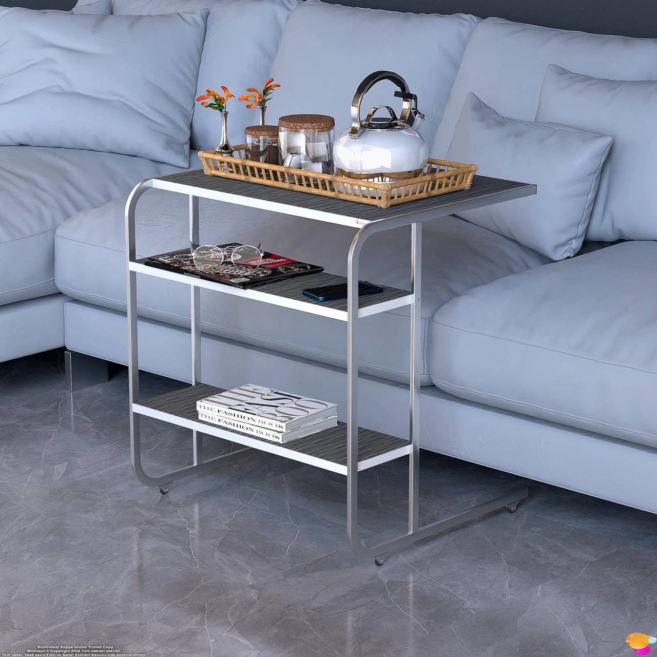 Modilayn C Yan Sehpa Geniş Boy Tekerlekli Çalışma, Atıştırmalık, Yemek, Laptop Sehpası Siyah Çizgili Siyah