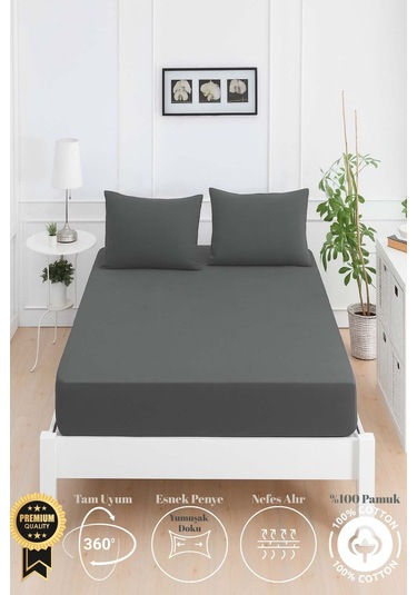 Mirava Premium %100 Pamuk Penye Lastikli Tek Kişilik Çarşaf Takımı 1 Yastık Kılıfı Dahil Antrasit 120x200cm Antrasit