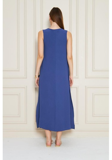 Kadın Sıfır Kol Aerobin Kumaş A Kesim Yırtmaçlı Maxi Yazlık Elbise 3760330 İndigo