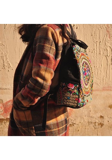 Yogodlns Vintage Sanatsal Tasarım Kadın Kanvas Sırt Çantaları El Yapımı Çiçek Nakış Büyük Kapasiteli Sırt Çantası Okul Çantası Seyahat Omuz Çantaları Çok Renkli