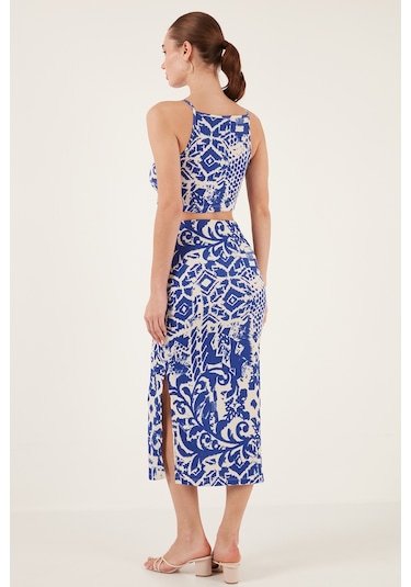 Lela Slim Fit Ip Askılı Yırtmaçlı Midi Alt-Üst Bayan Takım 5865726 Saks
