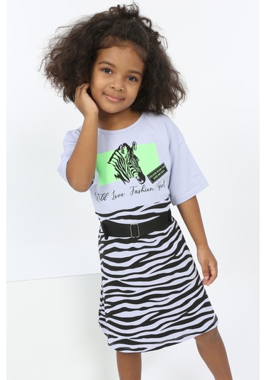 Toontoy Kız Çocuk Zebra Baskılı Elbise Mavi