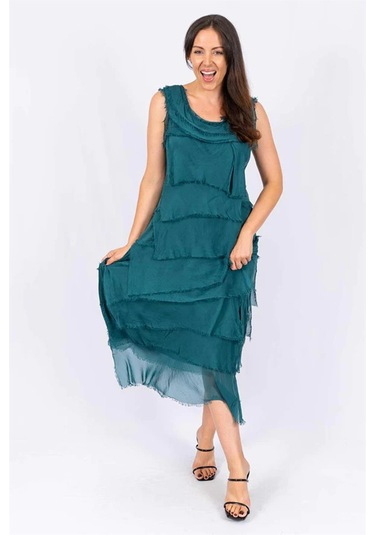 Italyan 2 Beden İnce Gösteren Kat Kat Kolsuz Ipek Elbise Zümrüt Yeşili