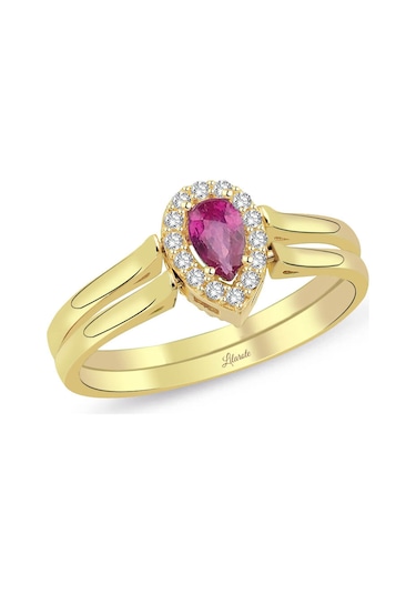 Lilarote Özel Döndürülebilir Kırmızı Ve Yeşil Damla Taşlı Altın Yüzük