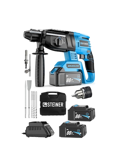 Steiner 88V 5Ah Çift Akülü Darbeli Kırıcı Delici Matkap Mavi + Mandren + 5 Parça Uç
