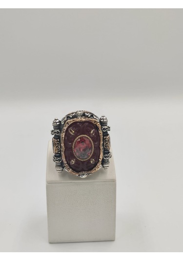 Kırmızı Kehribar Taşlı Çiçekli İslam Usta Eseri 925 Ayar 24 Mm