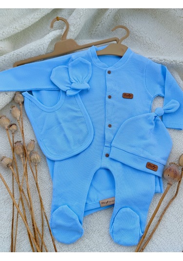 Erkek Bebek Yeni Doğan Mavi Waffle 5 Parça Hastane Çıkışı Mavi