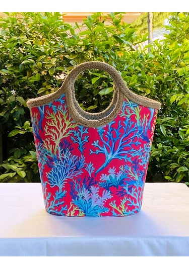 Jüt Hasır Rengarenk Mercan Plaj Çantası Çok Renkli