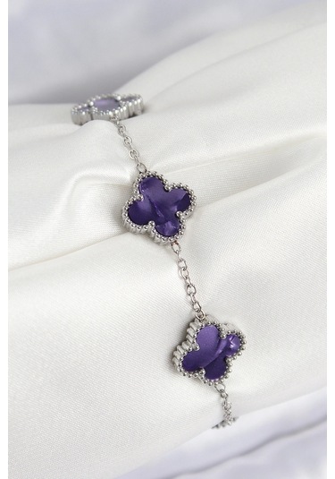 316l Çelik Sedefli Mor Gümüş Renk Yonca Kadın Bileklik Çok Renkli