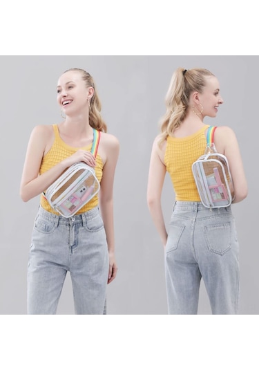 Neevoyu Stadyum Onaylı Şeffaf Pvc Bel Çantası - Spor, Konser, Seyahat İçin Su Geçirmez, Ayarlanabilir Kemerli Depolama Çantası Renk: Beyaz Çok Renkli