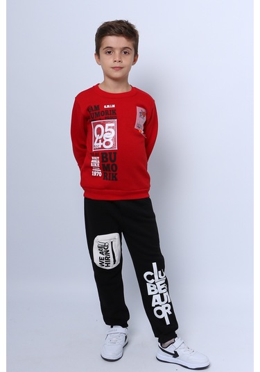 Erkek Çocuk 3 İplik Eşofman Takımı Baskılı Cep Detaylı D33 Kırmızı