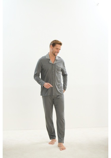 Erkek Uzun Kol Gömlek Yaka Önden Düğmeli Yeşil Pijama Takım C7t2n5o9 001