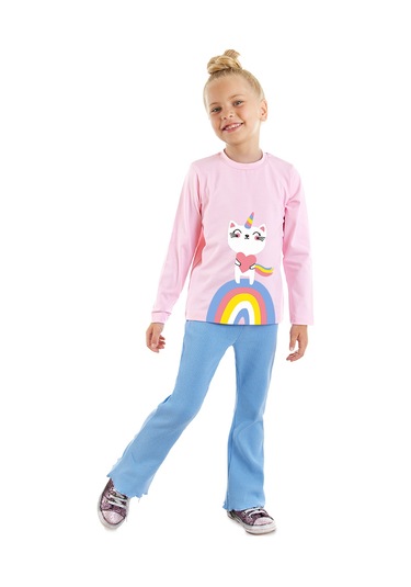 Denokids Catcorn Kız Çocuk T-shirt Pantolon Takım Renkli