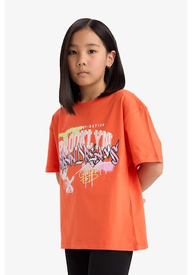 Defacto Kız Çocuk Oversize Geniş Kalıp Baskılı Bisiklet Yaka Kısa Kollu Tişört E0386a825smog584 Turuncu