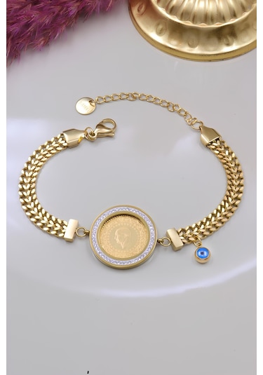 22 Ayar Çeyrek Altınlı Çelik Zincirli Bileklik