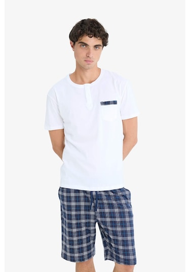 Defacto Regular Fit Pijama Takımı Kısa Kollu Üst Kareli Şort E7158ax25hswt34 Beyaz