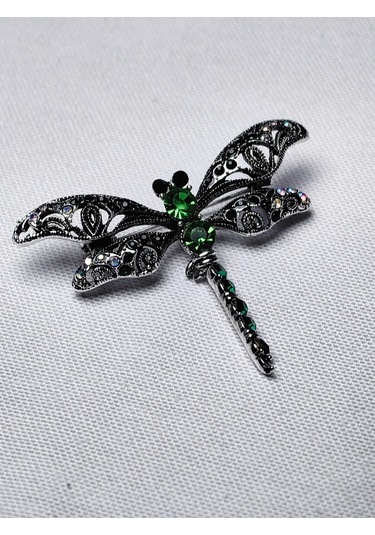 Yeşil Taşlı Yusufçuk Figürlü Broş Siyah Metal Zarif Aksesuar Gold
