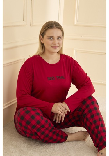 Mihra Kadın Pijama Takımı Büyük Beden & Battal Uzun Kol Kırmızı