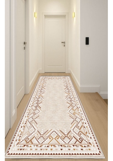 Krem Dijital Baskı Salon Halısı Kaymaz Tabanlı Yıkanabilir Halı Yolluk 507 Krem