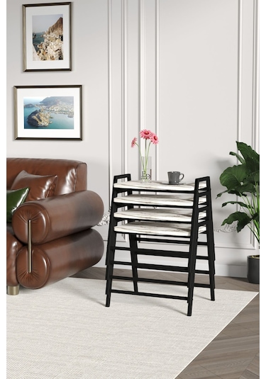 Zigon Sehpa , Aden 4'lü Tepsi Zigon Sehpa Takımı Siyah Metal - Beyaz Mermer Tabla Siyah-beyaz Mermer