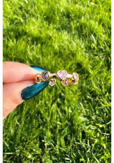 Gold Zirkon Pembe Taşlı Kalp Yüzük Pembe