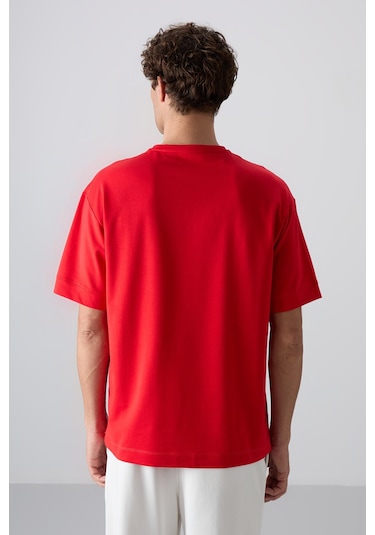 Tommy Life Fiesta Pamuklu Kalın Yumuşak Dokulu Oversize Fit Basic Erkek T-shirt - 88349 Kirmizi