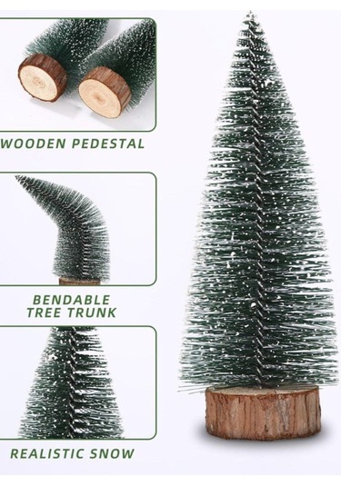 Yeni Yıl Dekoru Kar Efektli 9 Adet Yılbaşı Mini Çam Ağaçları Seti Doğal Ahşap Tabanlı 8 - 12 - 15 Cm Çok Renkli