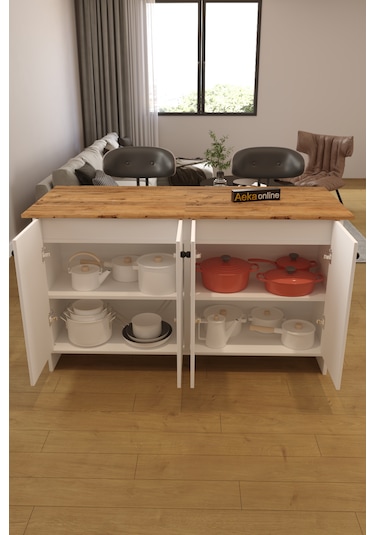 Ae-2080 Patentli Ayder Mutfak Adası Beyaz/çam Raflı, Çok Amaçlı