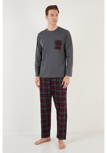 Buratti Ekoseli Cepli Beli Lastikli % 100 Pamuk Regular Fit Erkek Pijama Takımı 6572001 Antrasit