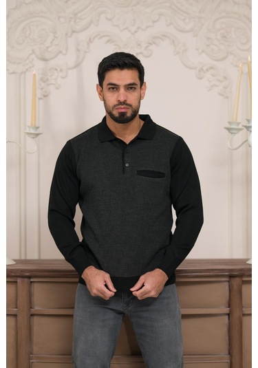 Woolen World Polo Yaka Cepli Armürlü Yünlü Erkek Triko Kazak Siyah