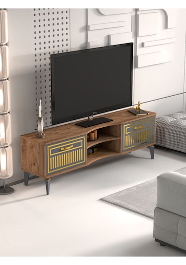 Tv Sehpası Tv Ünitesi Vera Atlantik Çam Antrasit Gold Çizgili 5050 Sarı