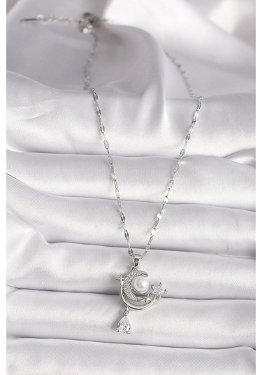 316l Çelik Gümüş Renk Zirkon Taşlı Ay Yıldız Sallantı Detay Kadın Kolye Çok Renkli