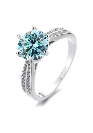 Mavi Bagueringen 1.0ct Yuvarlak 18k Beyaz Altın Kaplama 100% 925 Gümüş Mozanit Yüzük Pırlanta Testi Geçti Takı Kadın Kız Hediye