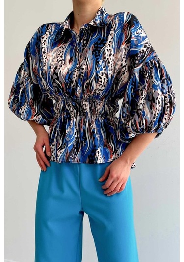 Beli Lastikli Saten Gömlek - Mavi Karışık Çok Renkli