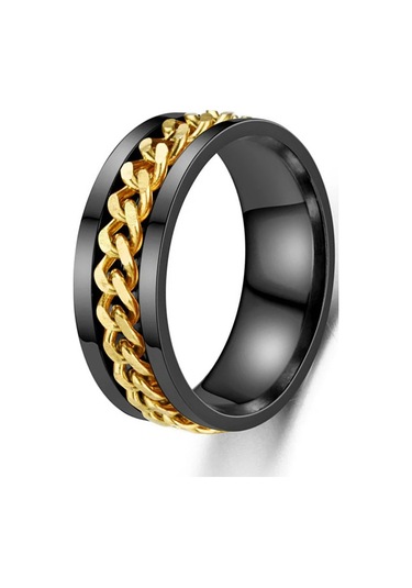 Ortası Dönebilen Zincirli Erkek Kadın Anti-stres Çelik Alyans Yüzük Cl43 Altın - Siyah