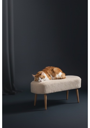 Retro Ahşap Ayaklı Geniş Oturum Alanlı Oval Puf Krem KREM