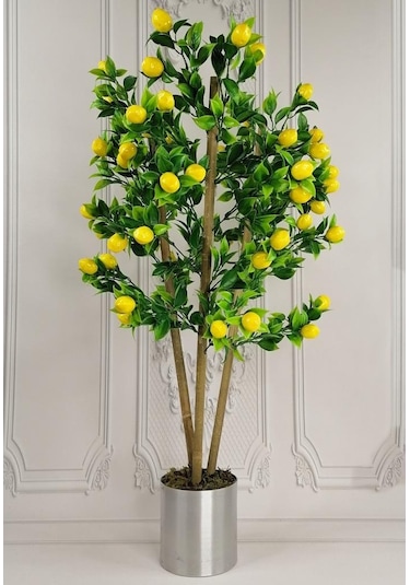 Yapay Ağaç Limon Ağacı Gür Yapraklı 80Cm Bambu Dalında Gümüş Pasl