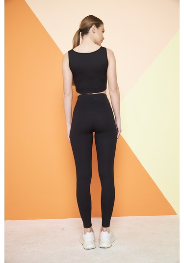 Haki Yüksek Bel Fitilli Toparlayıcı İnterlok Örme Şardonlu Spor Kışlık Tayt SiYAH