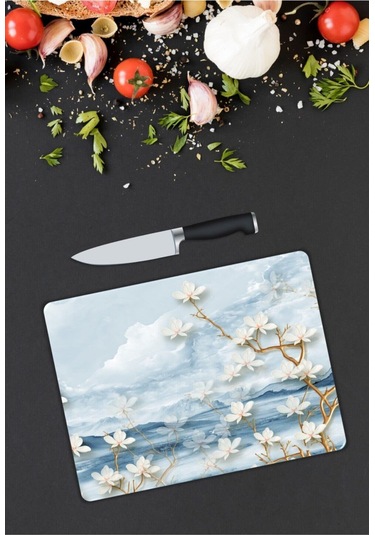Beyaz Çiçekler Cam Kesme Tahtası 25 X 35 Cm-9061030674914kcbmtfk