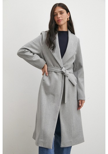 Kuşaklı Kaşe Kaban Gri Gri